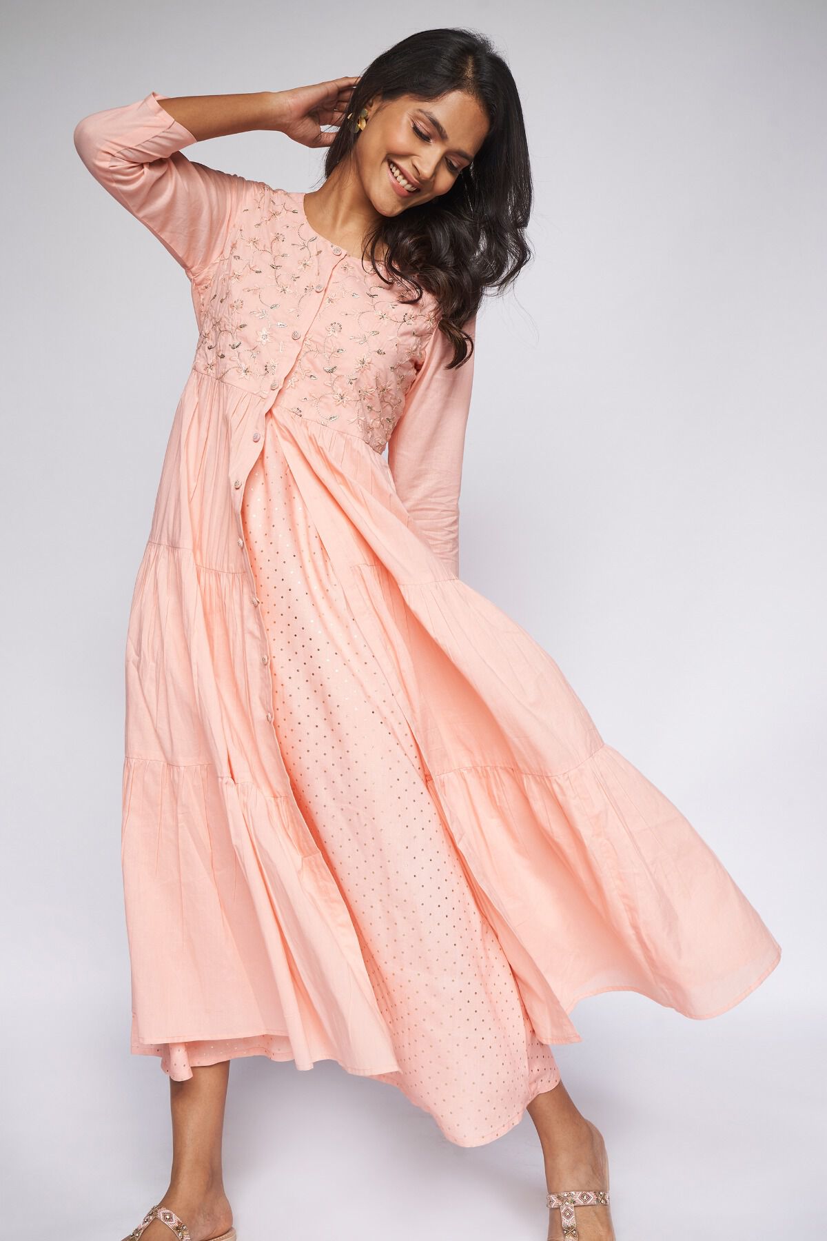 Peach Solid Layered Kurta 2P Suit Set, Peach, image 2
